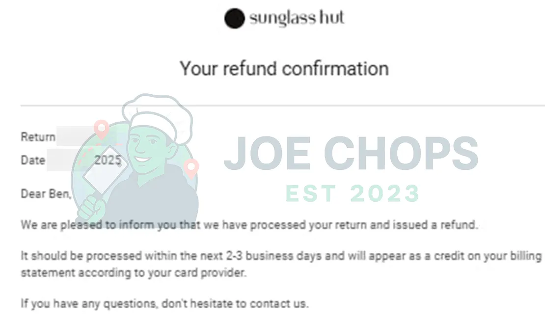 Sunglass Hut Order Success